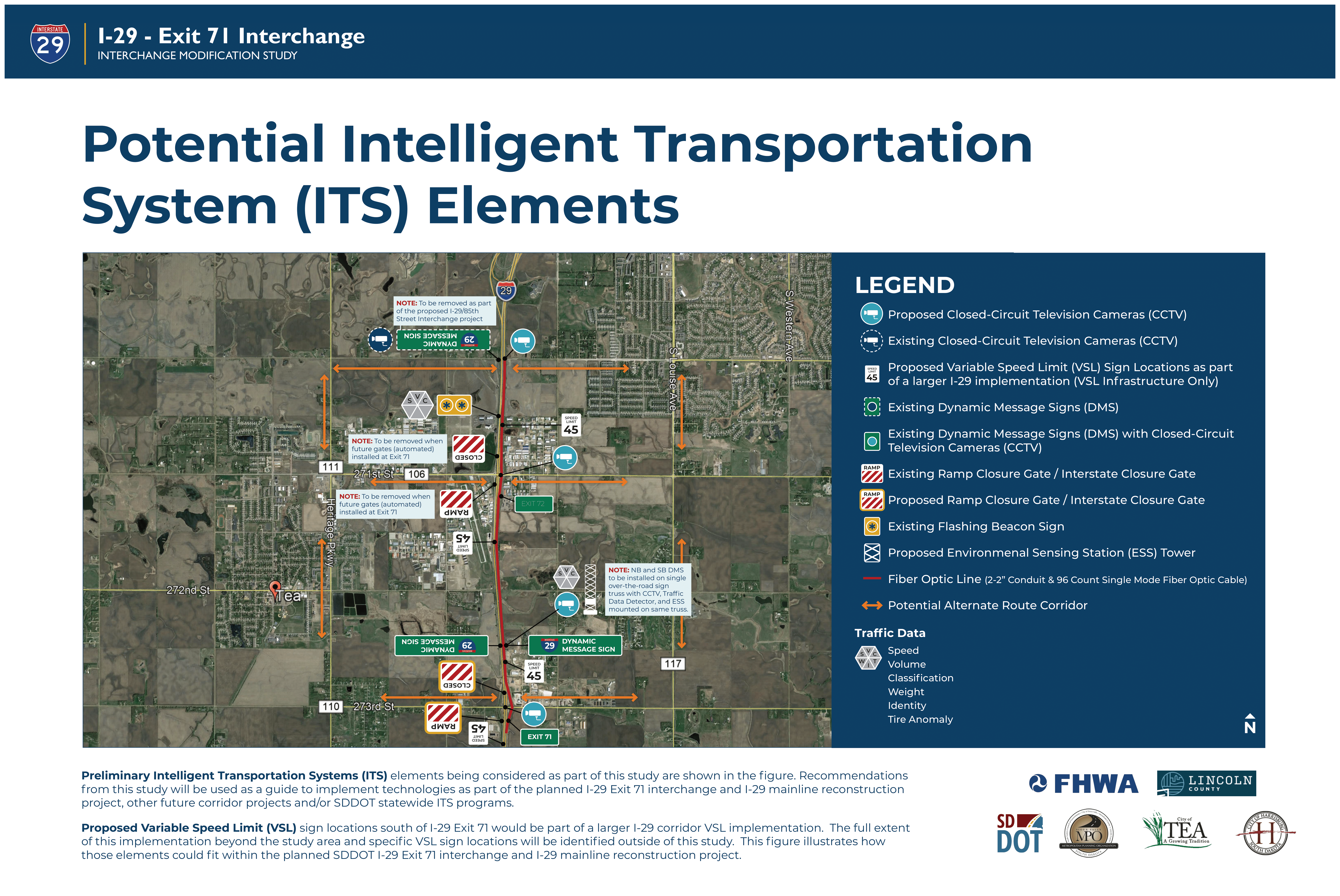 This image shows potential Intelligent Transportation System (ITS) elements within the study area.  Both existing and proposed elements are shown, including closed-circuit television cameras (CCTV), variable speed limit (VSL) sign locations, dynamic message signs (DMS), ramp and interstate closure gates, flashing beacon signs, environmental sensing station (ESS) towers, fiber optic lines, and traffic data collection type and locations. 